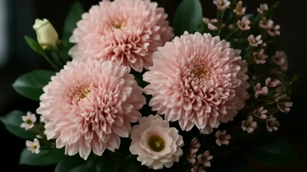 En bukett med fluffiga, rosa snittblommor och små, ljusrosa blommor. En vit ros-knopp syns till vänster.