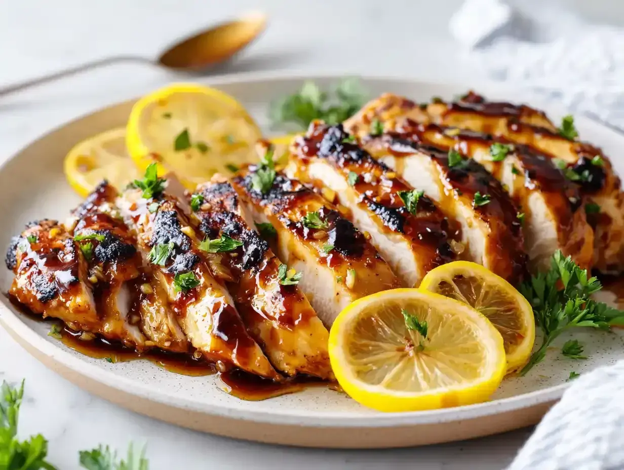 Skivad grillad kyckling med en glansig glaze, garnerad med citronskivor och persilja. Perfekt grillmarinad kyckling för sommaren.
