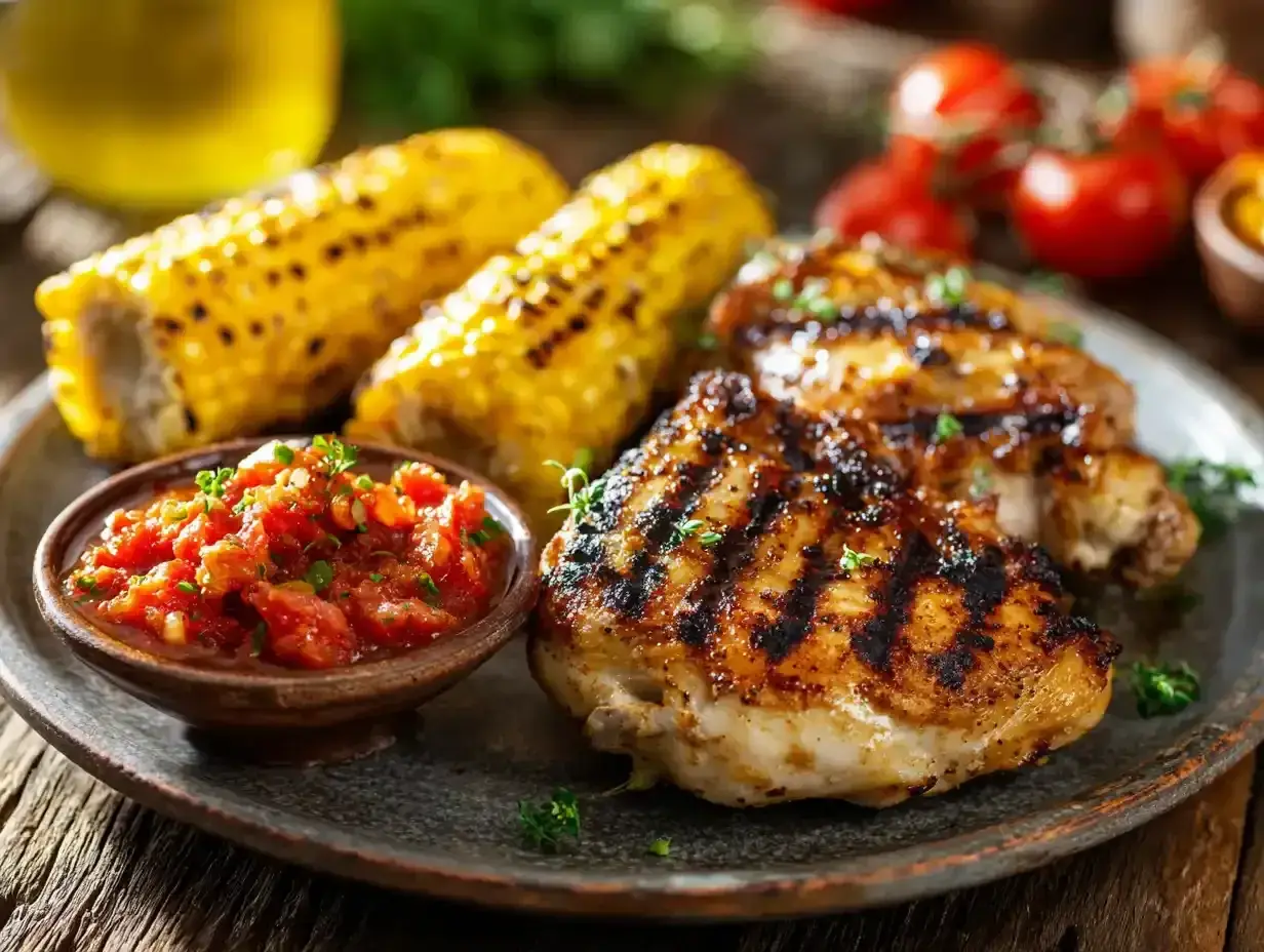 Grillad kyckling med grillad majskolv och tomatsalsa. En härlig rub till kyckling gör den extra god.