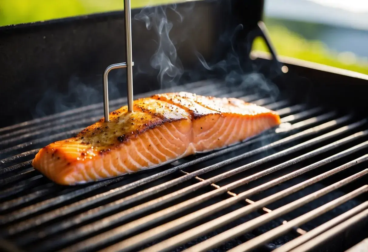 En saftig bit grillad lax med en termometer som mäter den perfekta temperaturen.