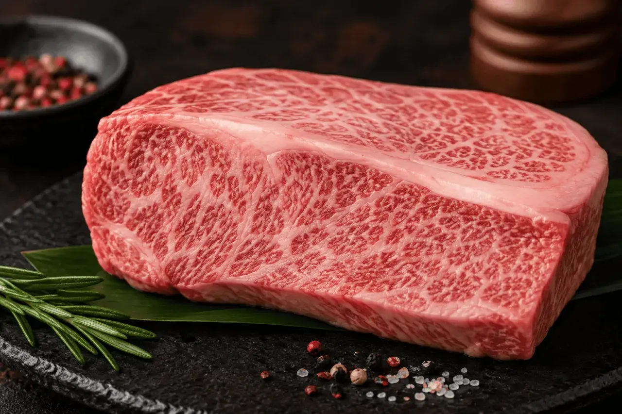 En marmorerad bit wagyu-kött, redo att grilla. Kryddad med pepparkorn och havssalt, med en rosmarinkvist som dekoration.