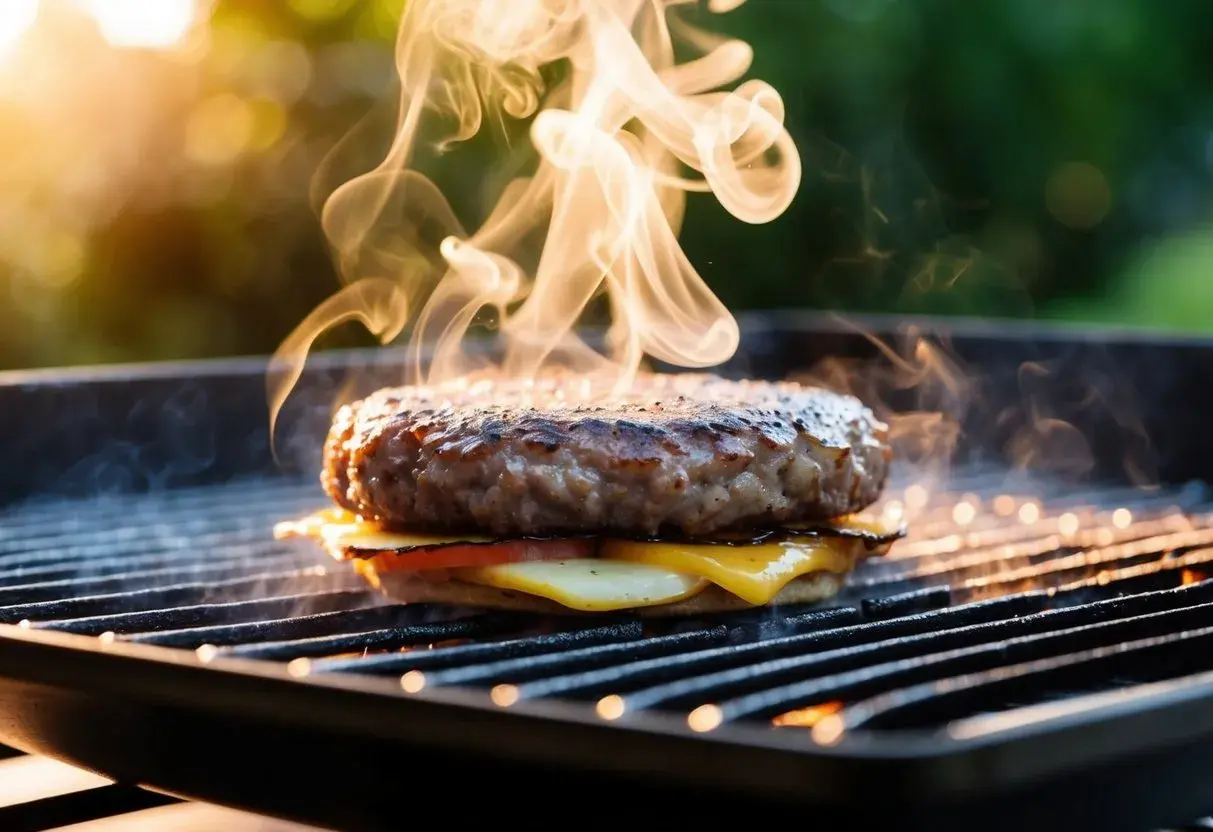 En saftig hamburgare med smält ost och tomat grillas. Röken stiger, perfekt för att avgöra hamburgare innertemperatur.