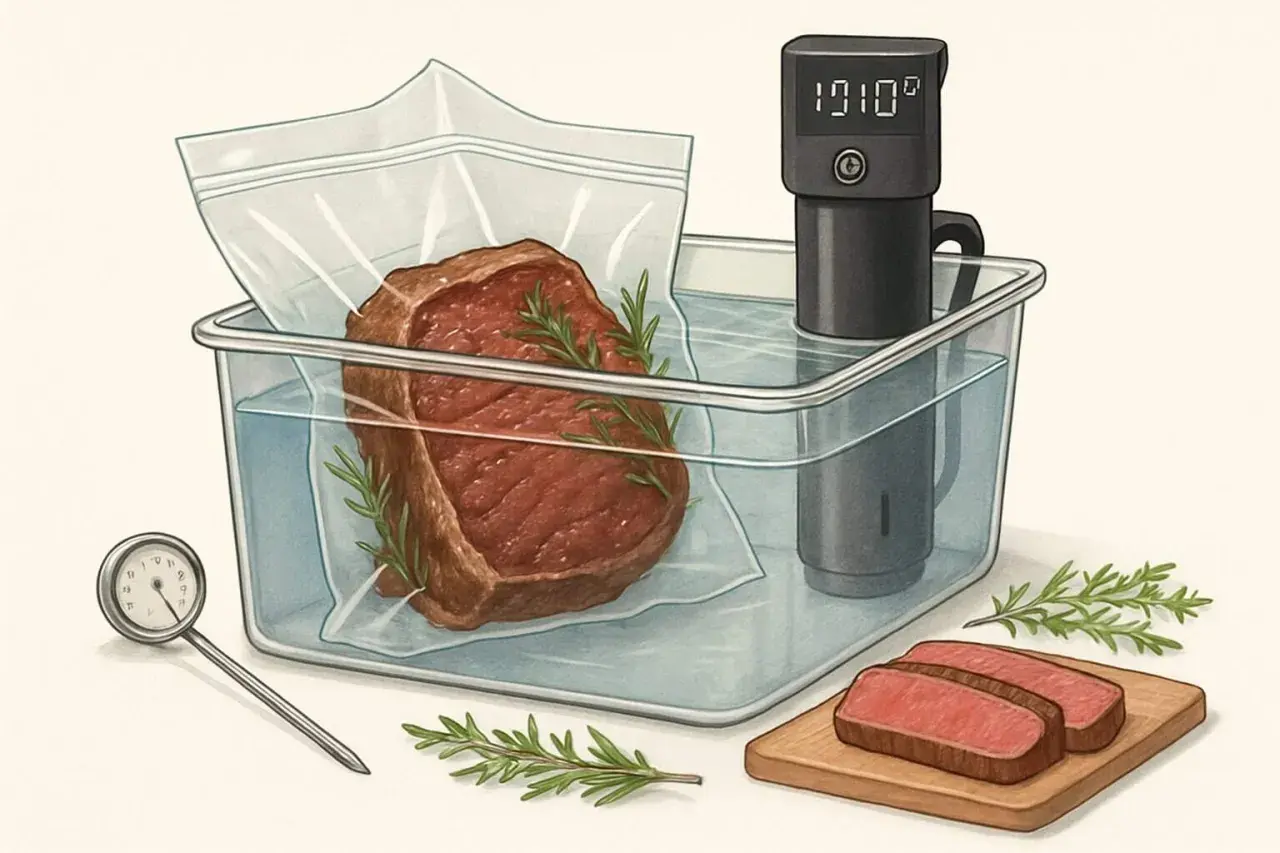 En ryggbiff vakuumpackas med rosmarin i ett vattenbad för perfekt innertemperatur. En sous vide-cirkulator visar 101.0°C.