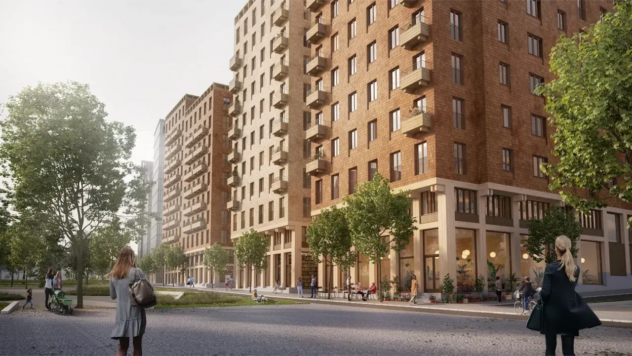 En livlig gata i Sverige med moderna bostadshus i träfasad, gröna träd och människor som njuter av en solig dag. En känsla av ceder sverige.