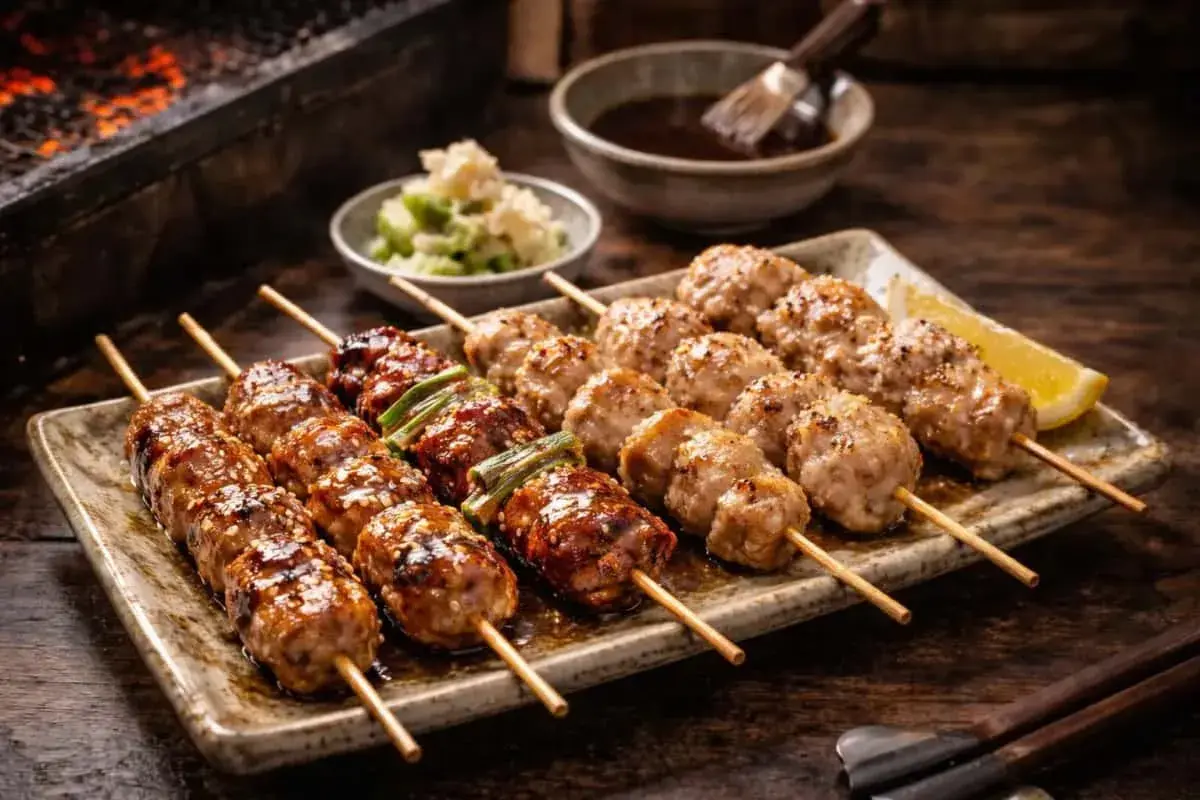 Läckra yakitori kycklingspett med en glansig sås och sesamfrön, serverade på en tallrik med citronklyfta.