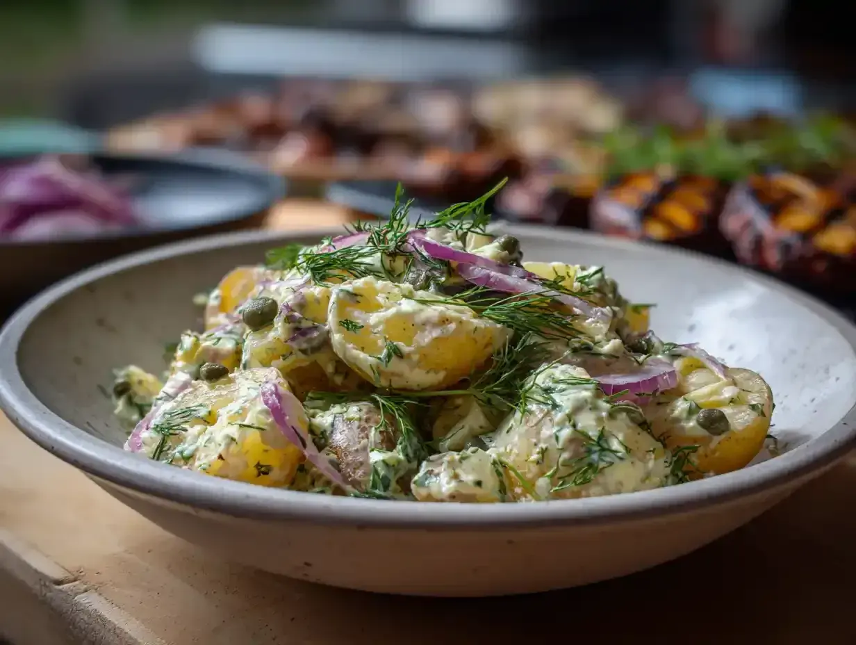En krämig potatissallad med dill och rödlök, kanske den godaste potatissalladen till grillat.