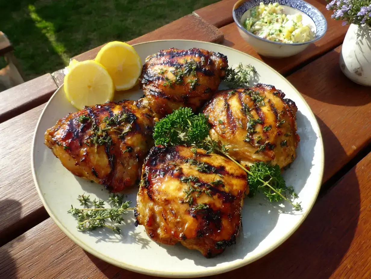 Grillad kyckling med härlig kycklingmarinad bbq, serverad med citronklyftor och färska örter. Perfekt sommarmat!