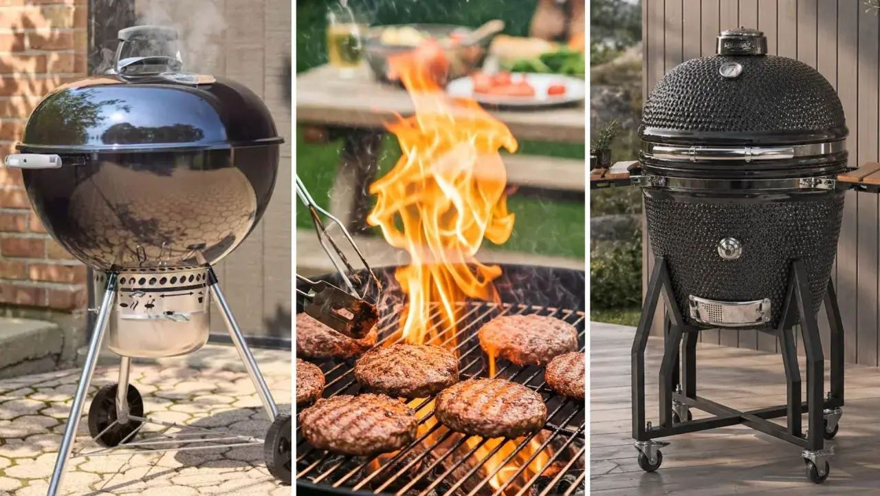 Tre olika grillar: en klassisk klotgrill, burgare som grillas med flammor och en stor keramikgrill.