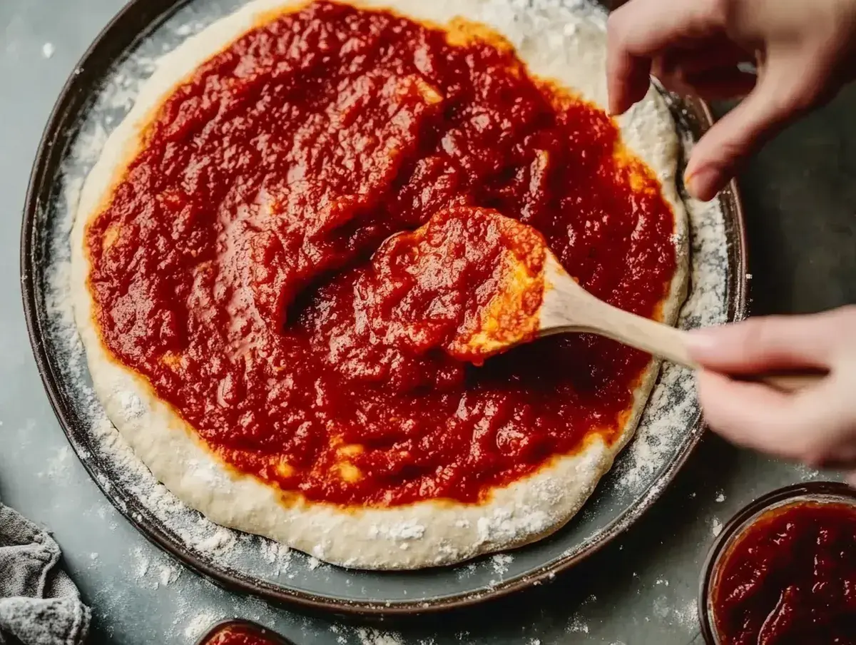 En pizza förbereds med en generös mängd smakrik grillsås tomat.