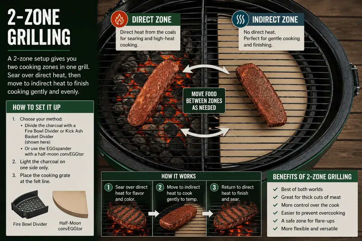 Grillning med tv&aring; zoner: en direkt f&ouml;r stekning, en indirekt f&ouml;r j&auml;mn tillagning. Perfekt f&ouml;r ett low and slow recept.