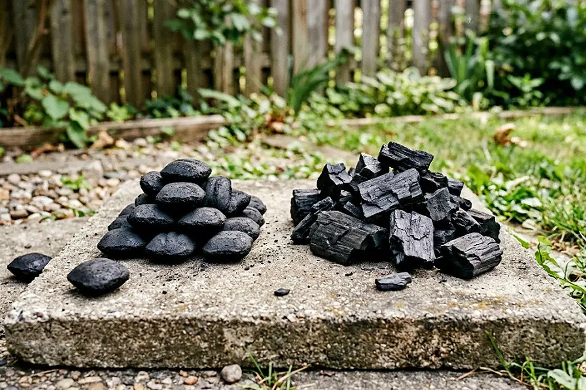 Tv&aring; h&ouml;gar med kol f&ouml;r grillen: till v&auml;nster briketter, till h&ouml;ger grillkol.