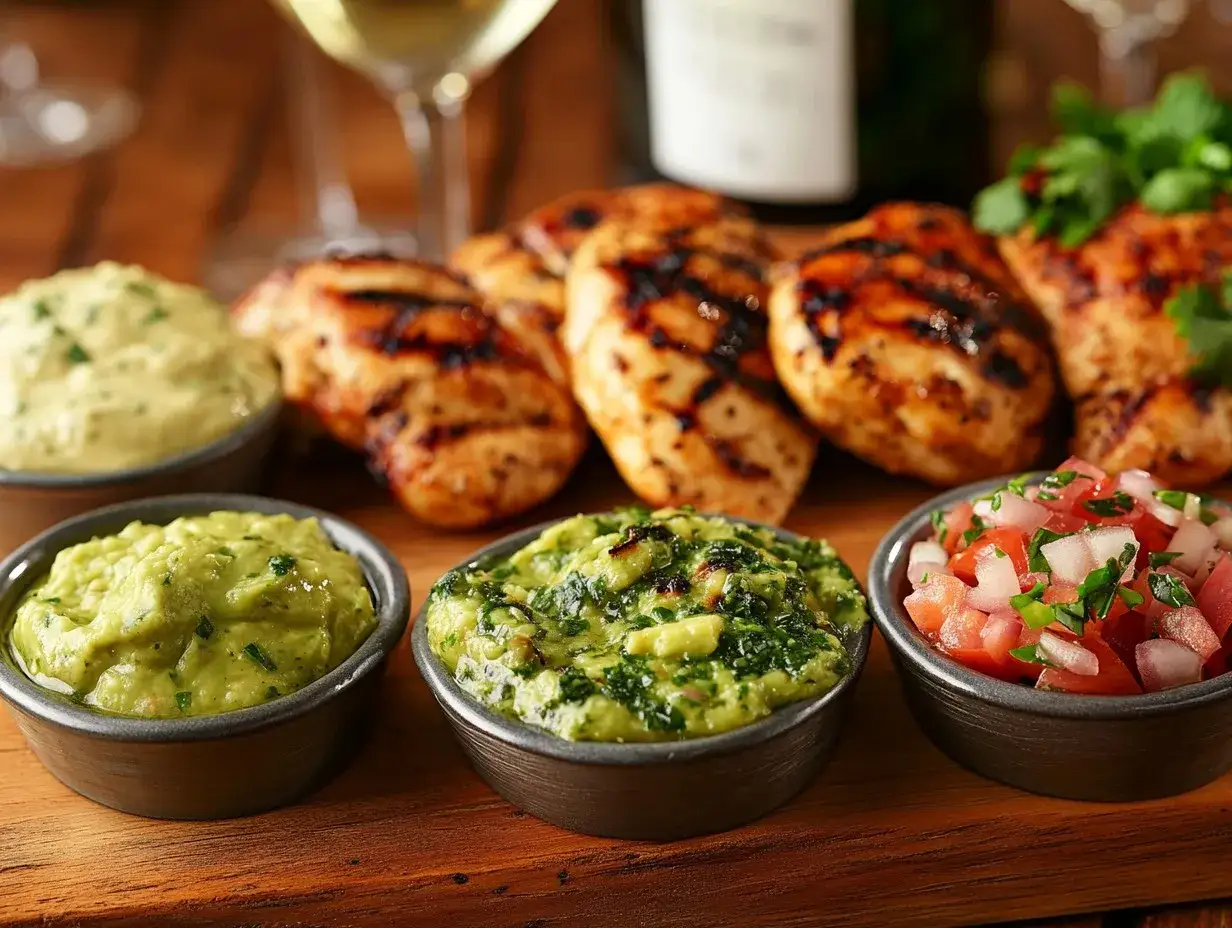 Grillade kycklingvingar med tre olika såser: guacamole, grön ört-sås och pico de gallo. Perfekt sås till kycklingvingar!