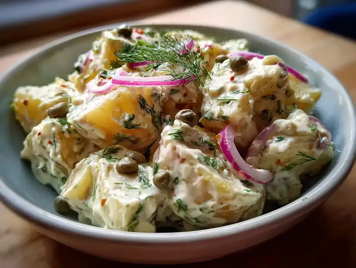 En krämig potatissallad med dill, kapris och rödlök. Denna godaste potatissalladen ser otroligt god ut!